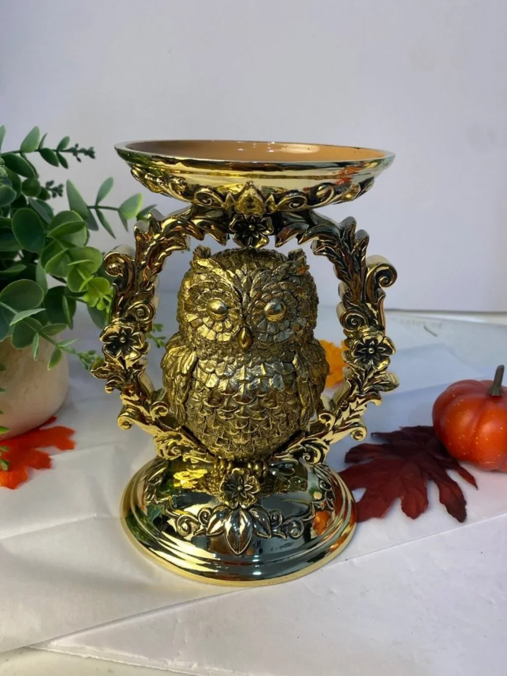 NWT Bath & Body Works Ornate Owl Pedestal Candle Holder Gold